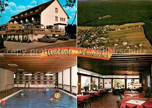 AK / Ansichtskarte Bad_Herrenalb Waldcafe Schumacher Fliegeraufnahme Hallenbad Gaststube Bad_Herrenalb