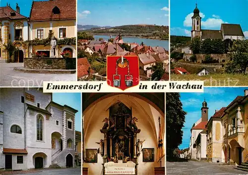 AK / Ansichtskarte Emmersdorf_Wachau Ortsmotiv Donaubruecke Pfarrkirche Magdalenenkapelle Kapellenraum Hauptplatz Emmersdorf Wachau