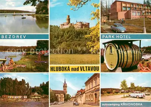 AK / Ansichtskarte Hluboka_nad_Vltavou_Czechia Bezdrev Park Hotel Strandpartien Schloss Weinfass 