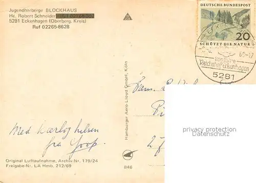 AK / Ansichtskarte Eckenhagen Jugendherberge Blockhaus Fliegeraufnahme Eckenhagen