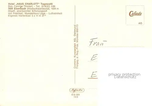 AK / Ansichtskarte Eisenbach_Schwarzwald Hotel Haus Charlott Tagescafe Fliegeraufnahme Eisenbach Schwarzwald