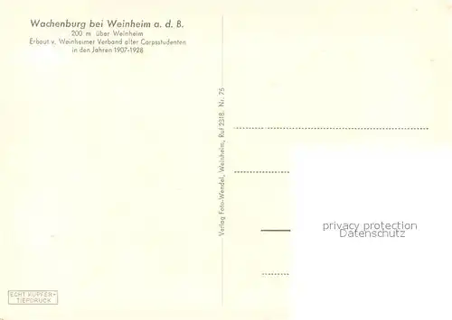 AK / Ansichtskarte Weinheim_Bergstrasse Wachenburg Kupfertiefdruck Weinheim_Bergstrasse