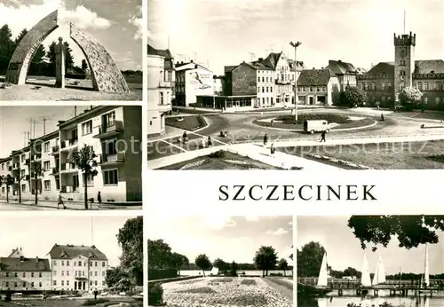 AK / Ansichtskarte Szczecinek_PL Denkmal Wohnblock Burg Freiheitsplatz Parkanlagen Trzesieckosee Hafen 
