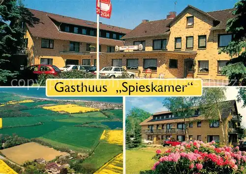 AK / Ansichtskarte Hasselberg_Ostsee Hotel Gasthuus Spieskammer Blumen Fliegeraufnahme Hasselberg_Ostsee