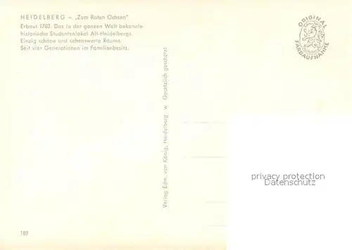 AK / Ansichtskarte Heidelberg_Neckar Gasthof Zum roten Ochsen 18. Jhdt. Historisches Studentenlokal Heidelberg Neckar