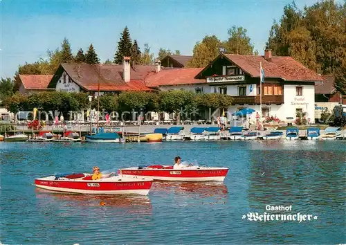 AK / Ansichtskarte Prien_Chiemsee Hotel Gasthof Westernacher Ansicht vom See aus Bootfahren Prien Chiemsee