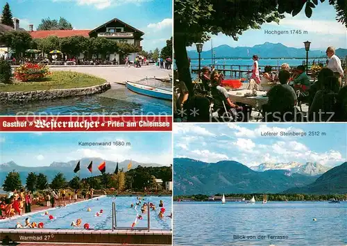 AK / Ansichtskarte Prien_Chiemsee Hotel Gasthof Westernacher Terrasse Freibad Panorama Loferer Steinberge Chiemgauer Alpen Prien Chiemsee