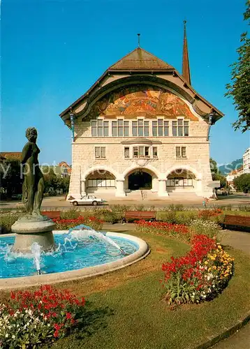 AK / Ansichtskarte Le_Locle_NE Hotel de Ville Fresque de Ernest Bieler Brunnen Statue 