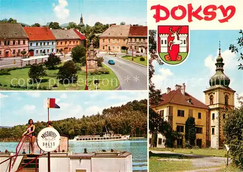 AK / Ansichtskarte Doksy_Hirschberg_See_CZ Ortszentrum Kirche Fahrgastschiff Machovo jezero See 