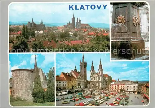 AK / Ansichtskarte Klatovy_Klattau_CZ Pohled na mesto Kasna s ozdobnymi chrlici Obranna vez z puvodniho opevneni Namesti Miru 