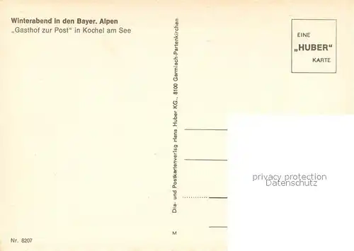 AK / Ansichtskarte Kochel_See Gasthof zur Post Winterabend in den Bayerischen Alpen Christbaum Huber Karte Nr 8207 Kochel_See