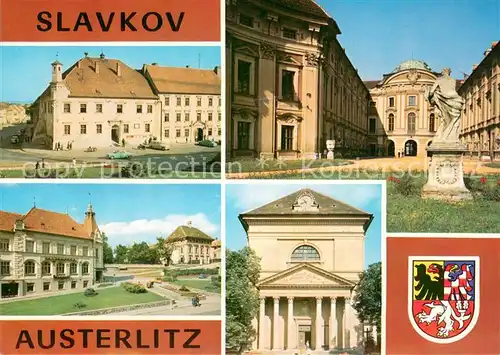 AK / Ansichtskarte Slavkov_u_Brna_Austerlitz_CZ Nationalkomitee Gebaeude Schloss Sozialhaus Kirche Wappen 