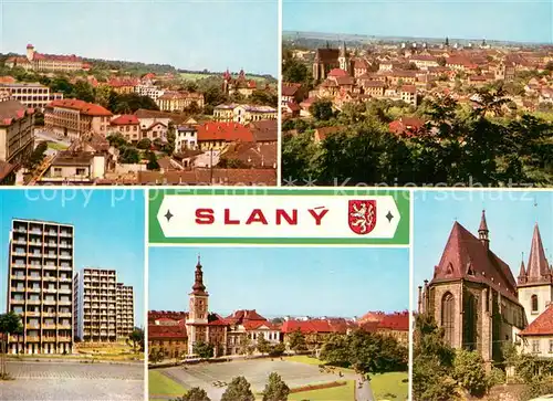 AK / Ansichtskarte Slany_CZ Stadtzentrum Panorama Wohnsiedlung Platz Kirche 