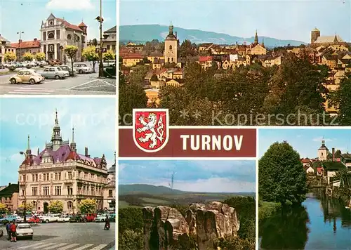 AK / Ansichtskarte Turnov Namestipracujicich byv klasterni kostel Celkovy pohled Budova st sporitelny na namesti Z Marianske vyhlidky u Hrube Skaly Romanticke zakouti mesta Turnov