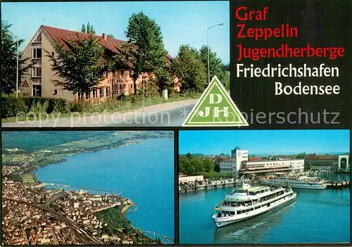 AK / Ansichtskarte Friedrichshafen_Bodensee Graf Zeppelin Jugendherberge Fliegeraufnahme Faehre Friedrichshafen Bodensee