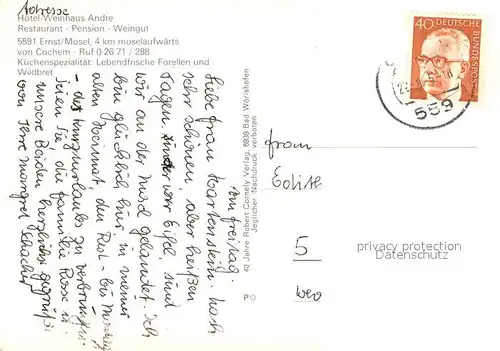 AK / Ansichtskarte Ernst_Cochem Hotel Weinhaus Andre an der Mosel Ernst_Cochem