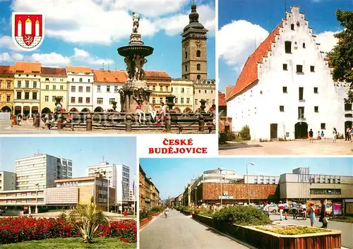 AK / Ansichtskarte Ceske_Budejovice Ortsmotive Innenstadt Marktplatz Schwarzer Turm Brunnen Giebelhaus Ceske Budejovice