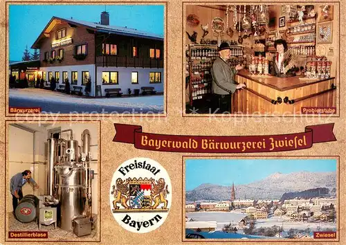 AK / Ansichtskarte Zwiesel__Niederbayern Bayerwald Baerwurzerei Probierstube Destillierblase Ortsansicht 