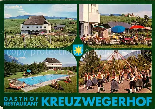 AK / Ansichtskarte Eppan_Suedtirol Gasthof Restaurant Kreuzwegerhof Terrasse Schwimmbad Maibaumtanz Eppan Suedtirol