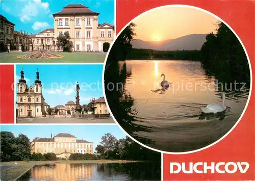 AK / Ansichtskarte Duchcov_CZ Schloss Platz Innenstadt Kirche Partie am Wasser Schwaene Sonnenuntergang 