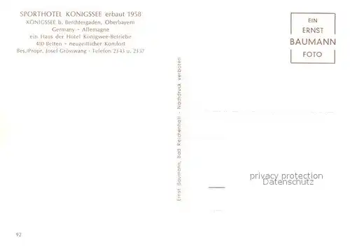 AK / Ansichtskarte Koenigssee Sporthotel Koenigssee Aussenansicht Koenigssee