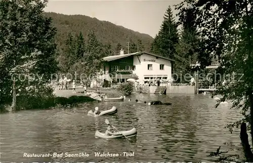 AK / Ansichtskarte Walchsee_Tirol Restaurant Seemuehle am See Schlauchboot Walchsee Tirol