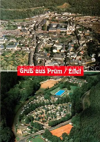 AK / Ansichtskarte Pruem_Eifel Fliegeraufnahme Gesamtansicht Campingplatz Schwimmbad Pruem_Eifel