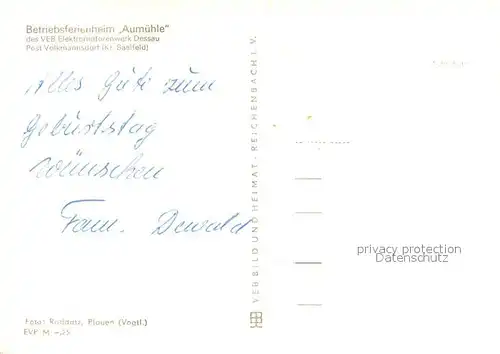 AK / Ansichtskarte Volkmannsdorf_Schleiz Betriebsferienheim Aumuehle des VEB Elektromotorenwerk Dessau Volkmannsdorf_Schleiz