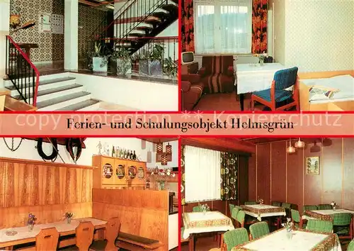 AK / Ansichtskarte Helmsgruen Ferien und Schulungsobjekt des VEB Suedthueringer Moebelwerke Themar Eingangshalle Gaestezimmer Gaststaette Bauerntube Klubgastraum Helmsgruen