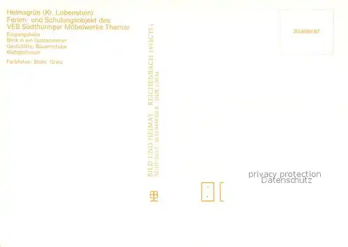 AK / Ansichtskarte Helmsgruen Ferien und Schulungsobjekt des VEB Suedthueringer Moebelwerke Themar Eingangshalle Gaestezimmer Gaststaette Bauerntube Klubgastraum Helmsgruen