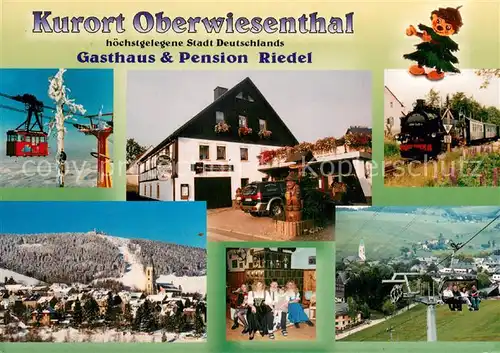 AK / Ansichtskarte Oberwiesenthal_Erzgebirge Gasthaus Pension Riedel Seilbahn Eisenbahn Panorama Sessellift Oberwiesenthal Erzgebirge