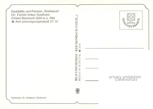 AK / Ansichtskarte Steinbach_Johanngeorgenstadt Gaststaette Pension Waldesruh Gastraeume Steinbach
