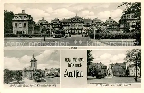 AK / Ansichtskarte Arolsen_Bad Schloss Kirchplatz und Hotel Rheinischer Hof Cafe Stoecker Arolsen_Bad