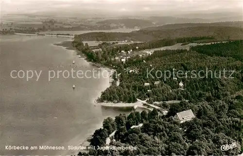 AK / Ansichtskarte Koerbecke_Moehnesee Suedufer mit Jugendherberge Fliegeraufnahme Koerbecke Moehnesee