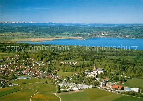 AK / Ansichtskarte Andechs Kloster Andechs mit Ammersee und Gebirgspanorama Fliegeraufnahme Andechs