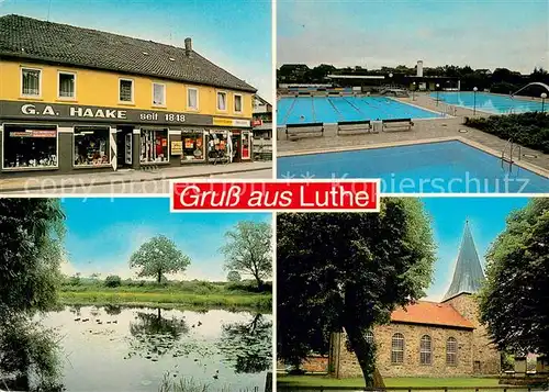 AK / Ansichtskarte Luthe Freibad Kirche Geschaeft Haake Luthe