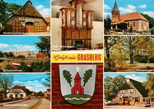 AK / Ansichtskarte Grasberg_Bremen Niedersachsenhaus Schulzentrum Speckmannstrasse Arp Schnittger Orgel Kirche Parkanlage Adolphsdorf Wappen Grasberg Bremen