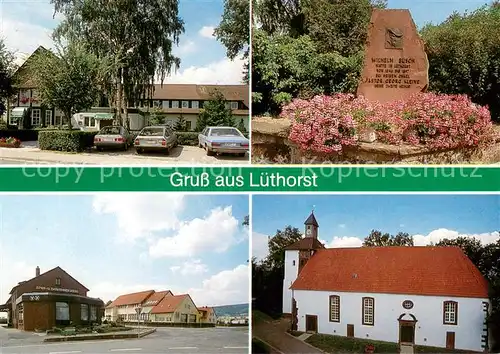 AK / Ansichtskarte Luethorst Hotel Restaurant Pension Wilhelm Busch Gedenkstein Kirche Bankgebaeude Luethorst
