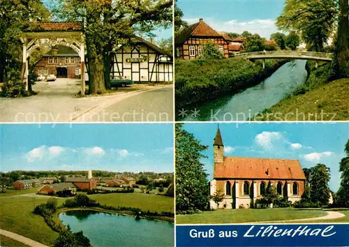AK / Ansichtskarte Lilienthal_Bremen Teilansichten Gasthof Bach Kirche Teich Lilienthal Bremen