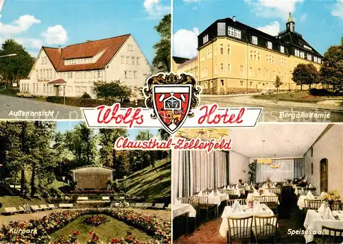 AK / Ansichtskarte Clausthal Zellerfeld Wolfs Hotel Speisesaal Park Konzertpavillon Bergakademie Clausthal Zellerfeld