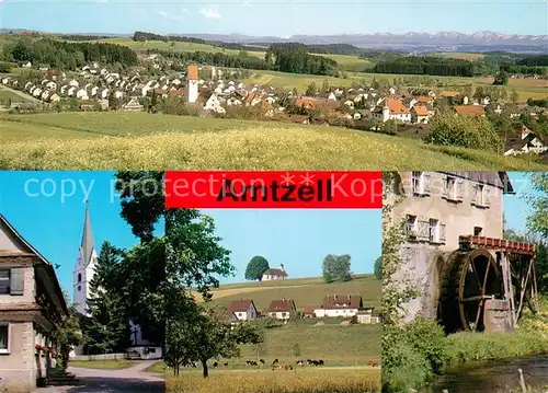 AK / Ansichtskarte Amtzell Panorama Alpenkette Wallfahrtskirche Pfaerrich Kapellenberg Hagmuehle Wasserrad Amtzell
