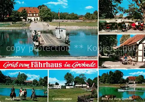 AK / Ansichtskarte Grohnde Gasthaus Pension Grohnder Faehrhaus Faehre Schiffsanleger Kaffeegarten Burg Campingplatz Ponyreiten Grohnde