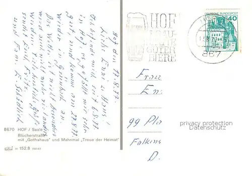 AK / Ansichtskarte Hof_Saale Bluecherstrasse mit Gothahaus und Mahnmal Treue der Heimat Hof_Saale