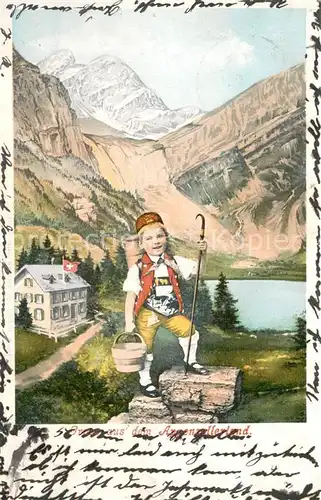 AK / Ansichtskarte Seealpsee_Saentis_IR Junge in Trachten Berghaus See Appenzeller Alpen Kuenstlerkarte 