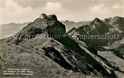 AK / Ansichtskarte Appenzell_IR Berggasthaus Hoher Kasten mit Ausblick auf Hohe Haeuser Kreuzberge und Saembtisersee Bergwelt Appenzeller Alpen Appenzell IR