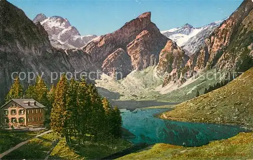 AK / Ansichtskarte Seealpsee_Saentis_IR Berghotel am See mit Altmann und Saentis Appenzeller Alpen 