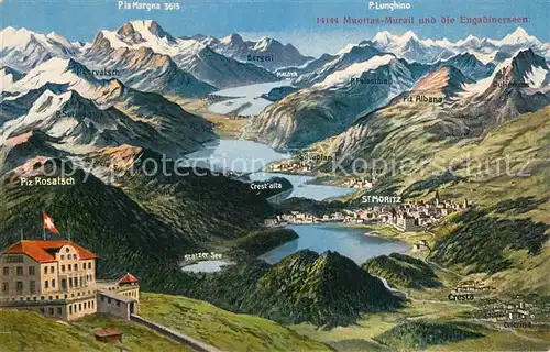 AK / Ansichtskarte Muottas_Muragl Berghotel Blick ueber Engadinerseen Alpenpanorama Muottas Muragl