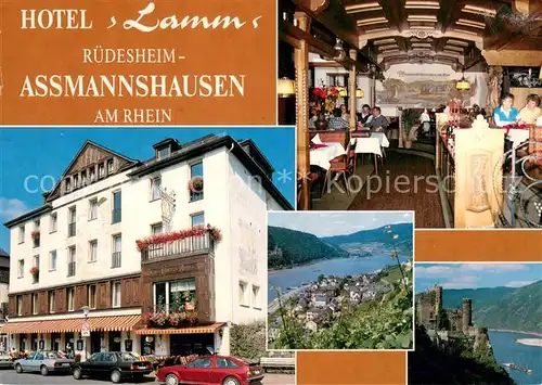 AK / Ansichtskarte Assmannshausen_Rhein Hotel Lamm Restaurant Cafe Rheinpartie Burg Assmannshausen Rhein