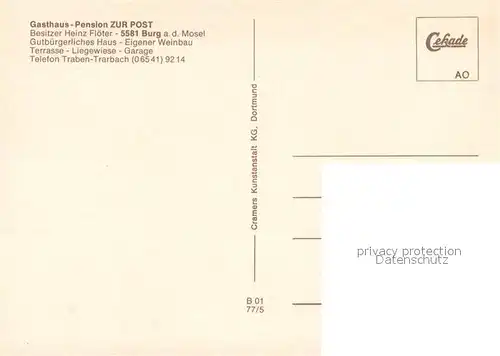 AK / Ansichtskarte Burg_Mosel Gasthaus zur Post Gaststube Weinstube Weinkeller Speisesaal Moselterrasse Burg_Mosel