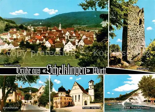 AK / Ansichtskarte Schelklingen Panorama Schlossturm Bahnhofstr Kloster Ursprung Freischwimmbad Schelklingen